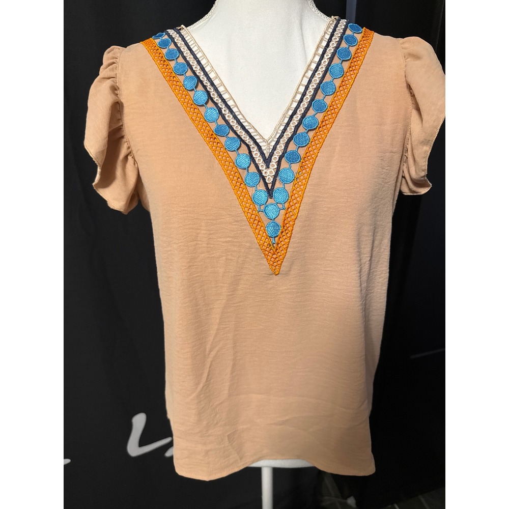 Tan V-Neck Flutter Sleeve Blouse with Blue Orange Crochet Embroidery Small